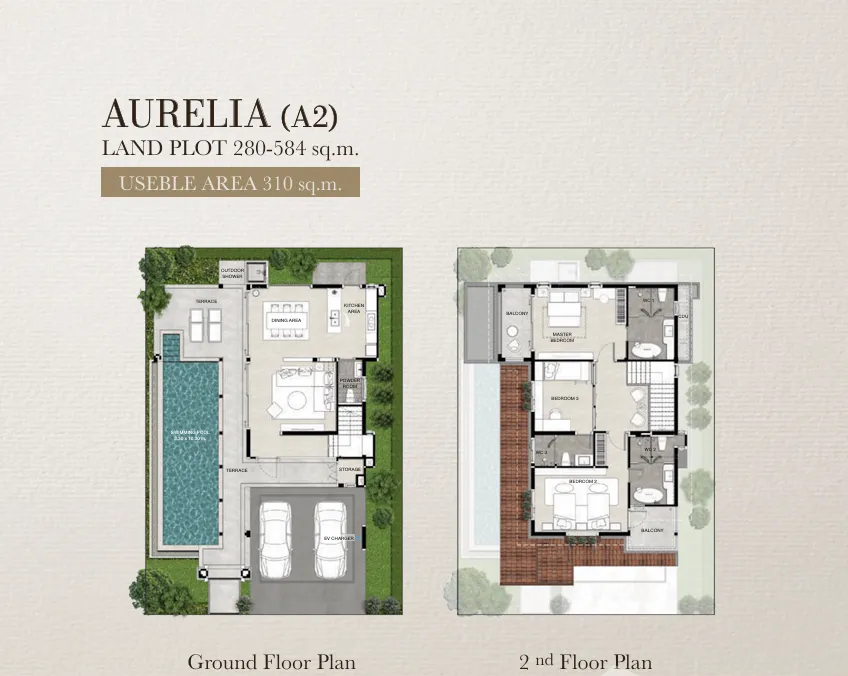 Casa de Monte — планировка виллы Aurelia, 3 спальни, 310 м², два этажа