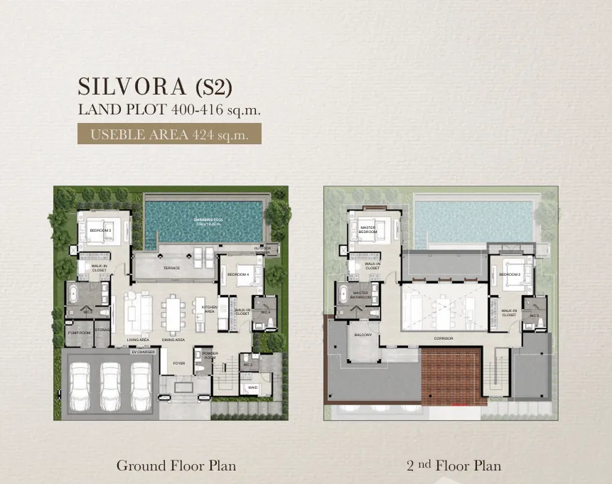 Casa de Monte — планировка виллы Silvora, 4 спальни, 424 м², два этажа